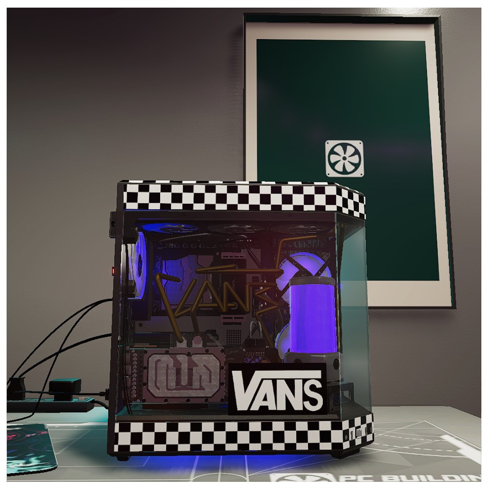 A Customised PC. There is a checkerboard theme in the typical Vans style, with a vans logo that looks like it should be on a pair of trainers bought from Skegness market. The water cooling piping is also bent to spell out Vans.