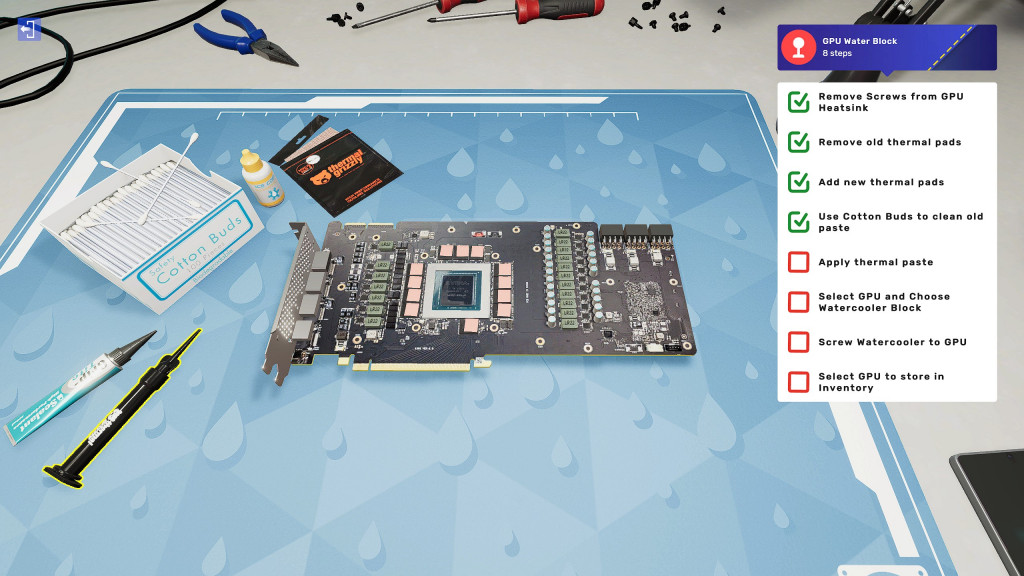 Photo of a GPU without the fans on, in preperation for a waterblock. There are a list of tasks down the side to walk you through the process.