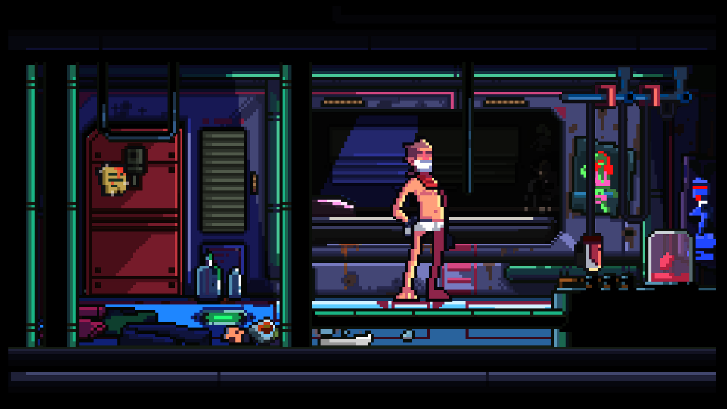 Main character Rast stands in his darkened quarters, wearing just his underwear, gloves and a red neckerchief.