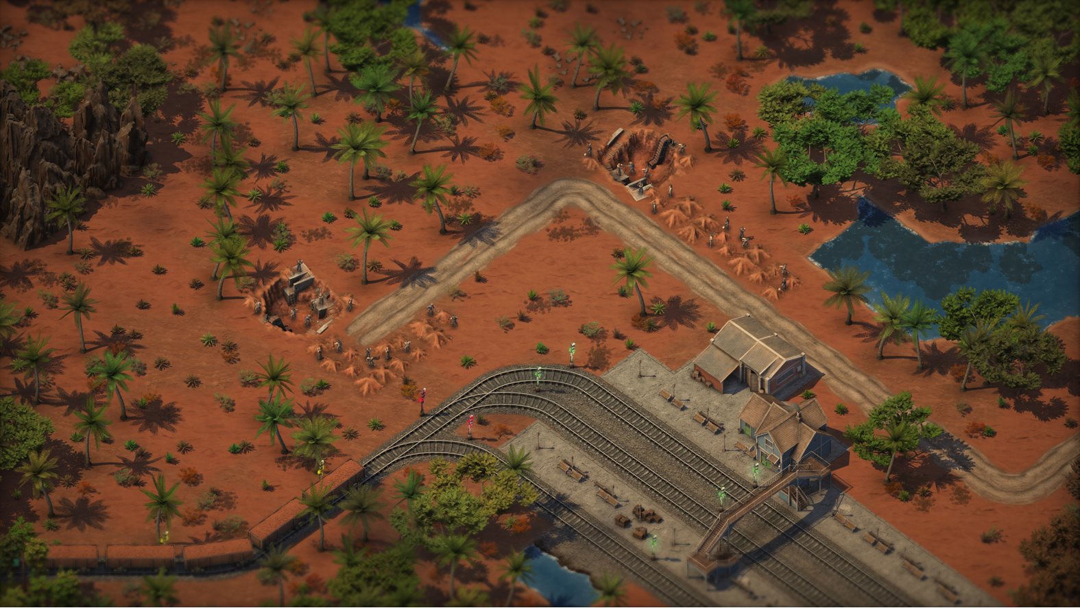 Train station in the middle of a barren desert. With a small amount of dig sites, possibly for resource management