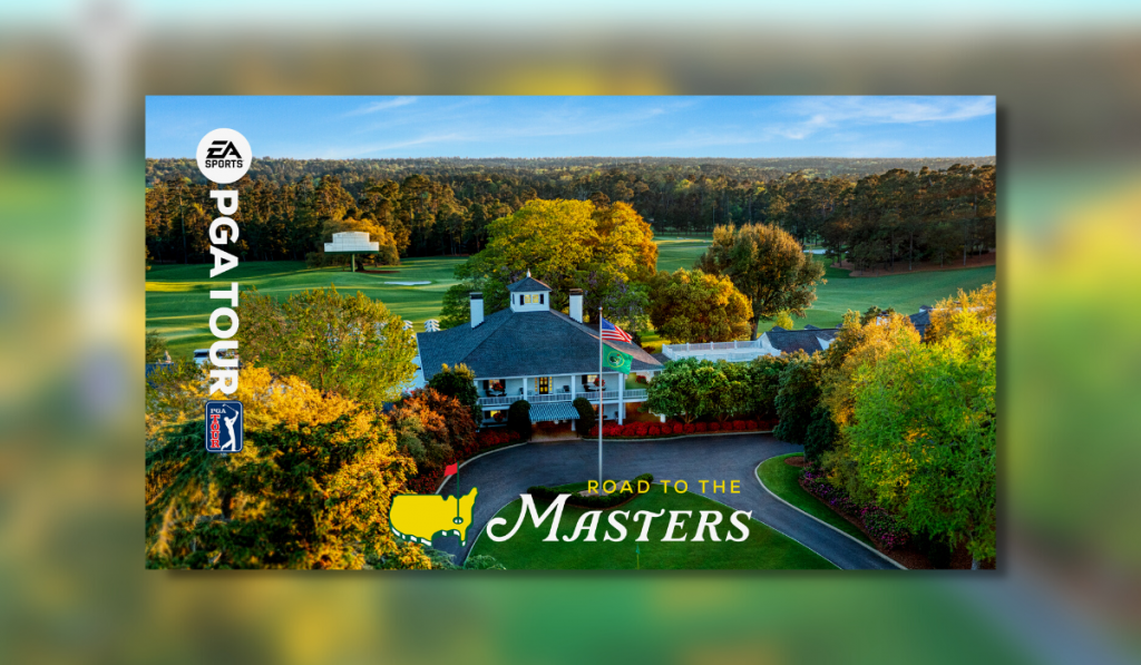 A beautiful golf course club house sits nestled amongst trees, in the background is the golf course. In front of the clubhouse is a flag pole with a USA flag flying. Besides this is some text. Text reads "EA Sports PGA Tour: Road To The Masters"