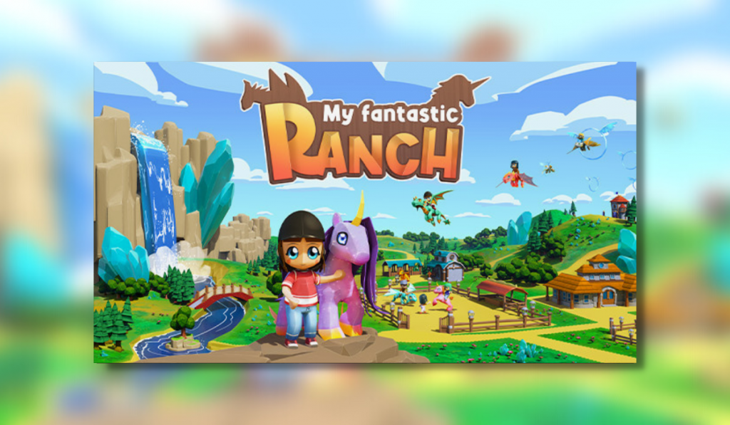 My Fantastic Ranch Key art and logo showing a character with a pink unicorn in the foregroudn while in the background some other characters take part in a lesson inside a fenced arena and others fly on dragons in the sky.
