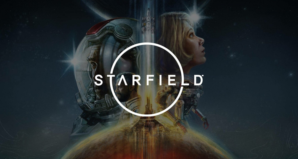 The word starfield in a circular logo is in the foreground as a rocket is in the background and two disembodied heads are on either side