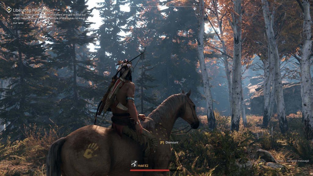 A Native Indian sits upon a horse overlooking a scene full of trees and foliage