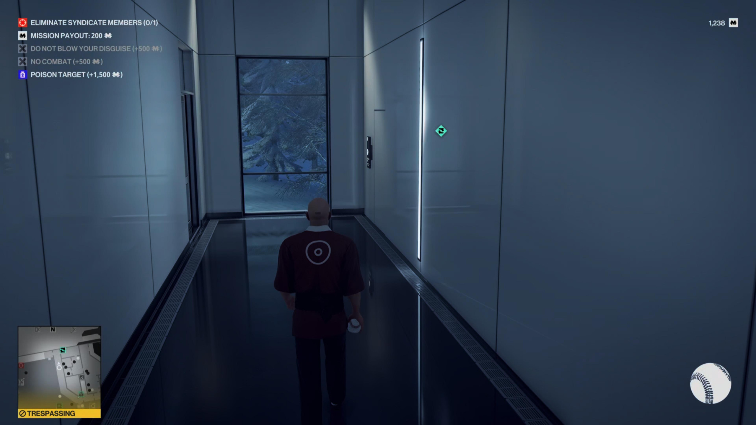 Agent 47 disguised as a masseur as he walks down a clinical looking corridor on a mission in Asia. 
