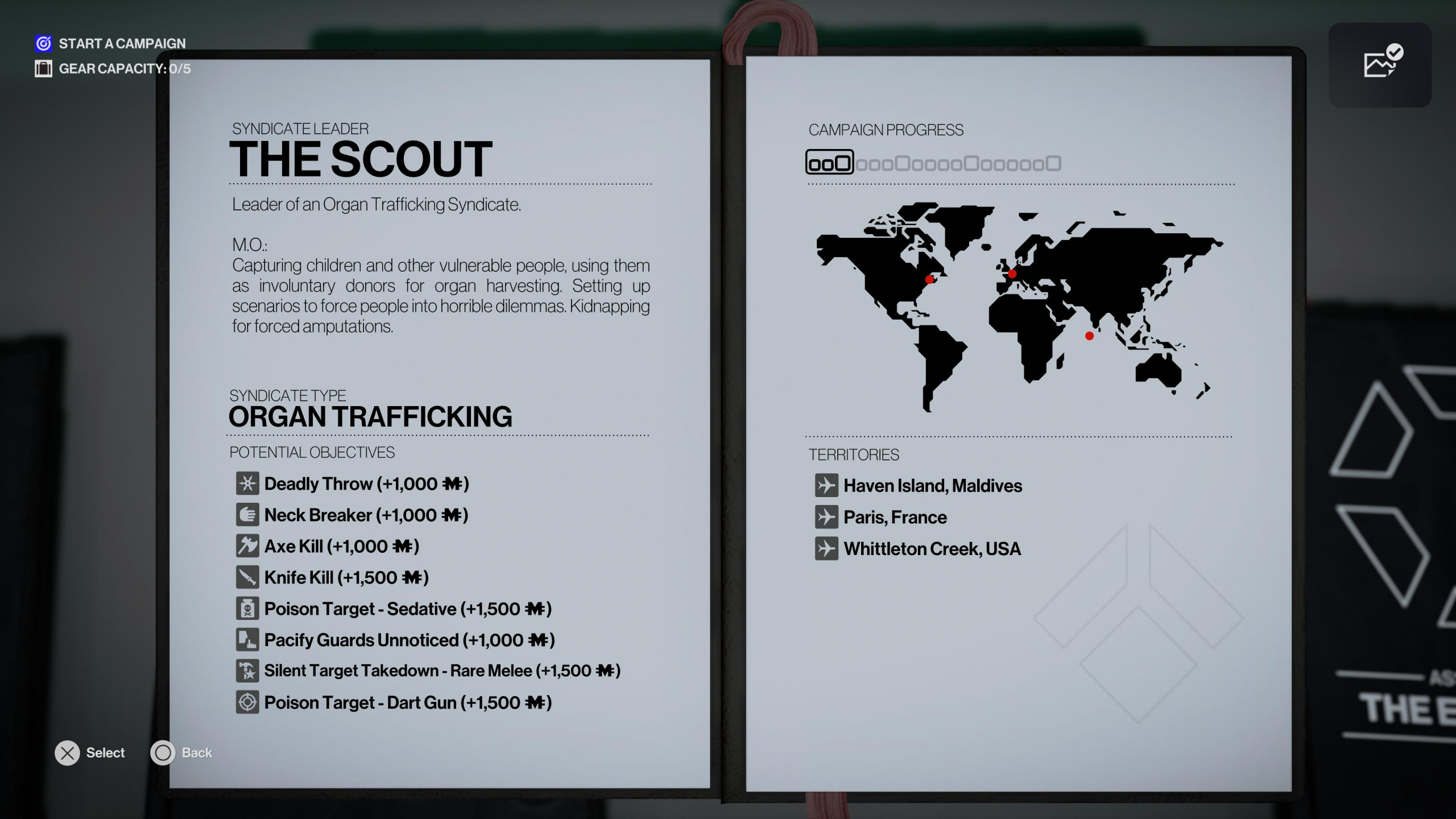 Menu screen showing showing a journal with optional in game objectives and campaign progress and locations.
