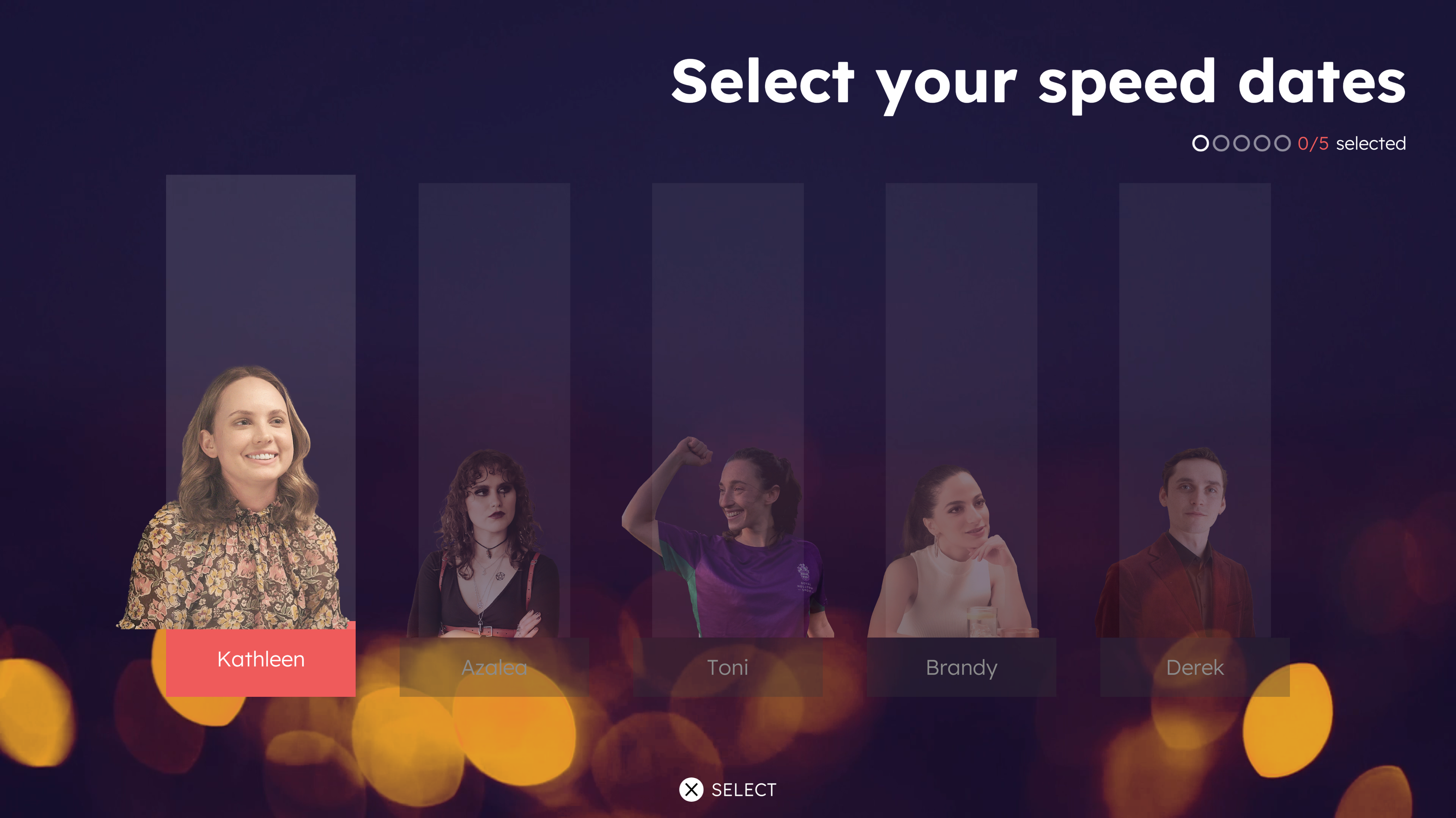 Ten Dates speed date selection screen showing the available dates that you can choose up to a maximum of five