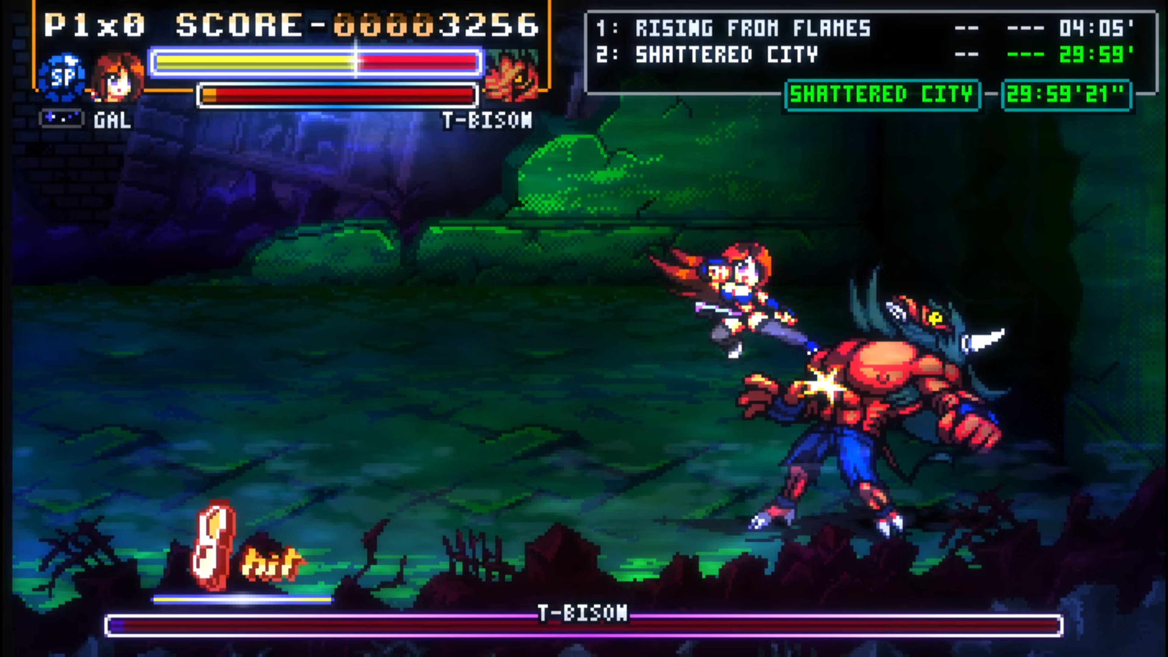 A brown haired 2D pixel art character called Gal performs a flying kick on a huge mutated bison in the arcade style beat'em up Fight'N Rage. She is dressed in a blue outfit with grey knee high stockings. The top left of the image shows the players number of lives, current health, score and a blue special attack (SP) meter. The top right displays the time for completed/current levels, with the current level time shown in green. Along the width of the bottom of the image is the heath meter for the current enemy called T.Bison. above this bar to the left is the combo hit counter reading 8 hits