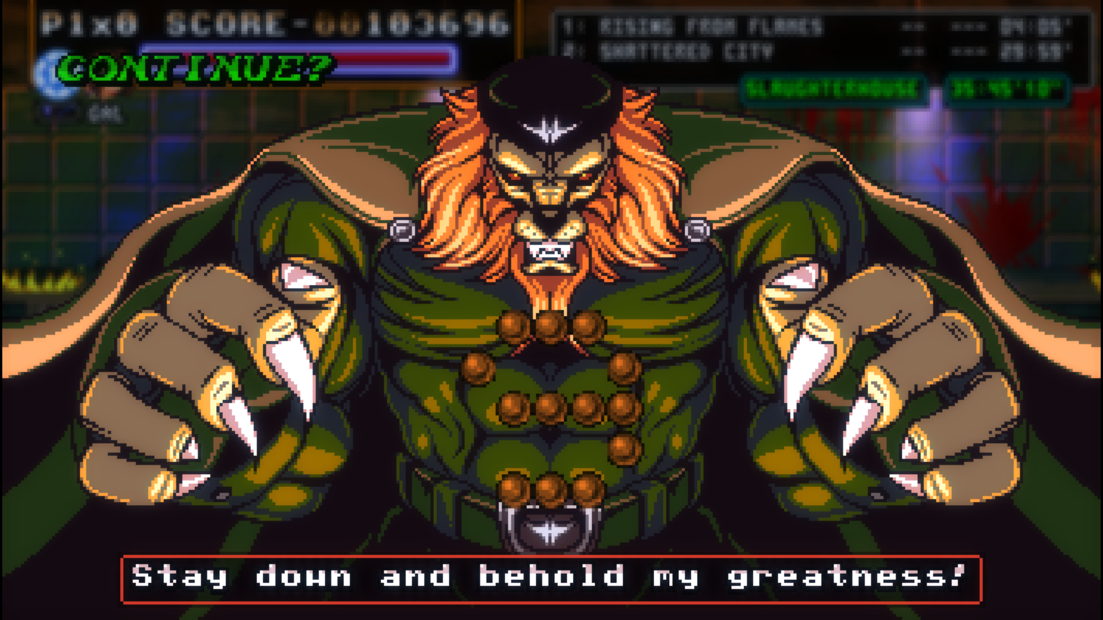 Pixel art of a menacing mutated lion wearing a green outfit, brown cloak and a military style black hat with a silver emblem on the front. Below the character reads "Say down and behold my greatness!". To the lower middle of the image is the digit 9 with green text in the top left reading "Continue?"