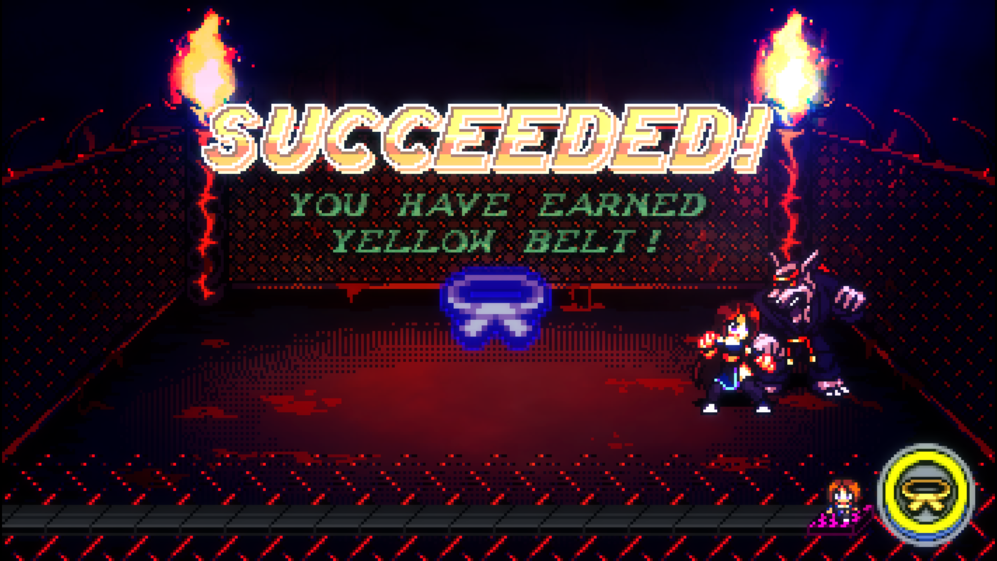 A 2D pixel art character named Gal stands fists clenched, face to face with a tall mutated rat who is wearing a black karate suit and a red belt. The characters are standing inside a steel cage fighting arena that has flaming posts in its corners. Large bold yellow text in the middle of the image reads "SUCCEEDED!". Below this in smaller bold green text reads "YOU HAVE EARNED YELLOW BELT!" with a belt icon below. The bottom right displays a yellow belt icon surrounded by a yellow circle.