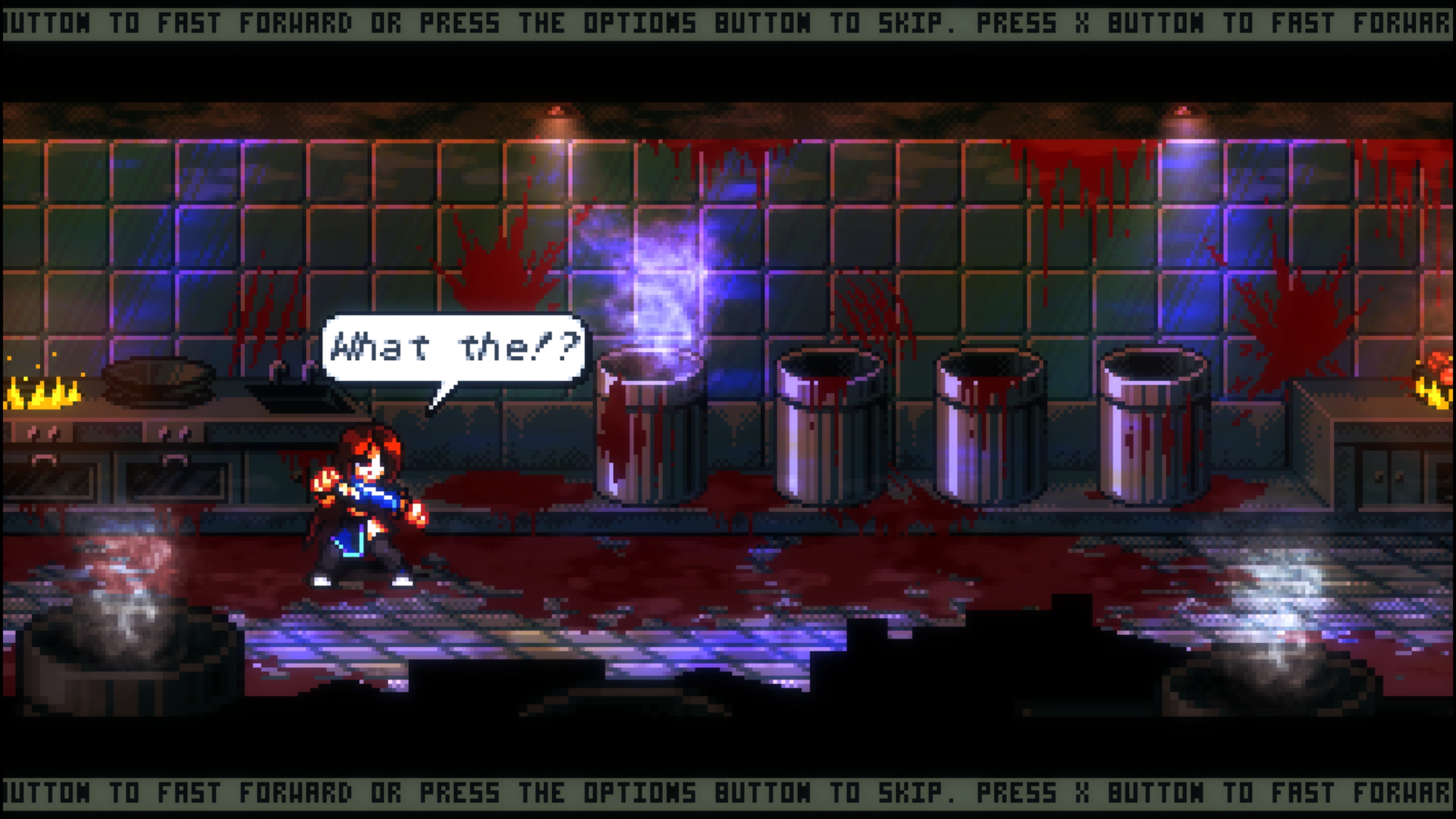 A 2D pixel art girl with brown hair and dressed in a blue outfit stands in a dank looking kitchen area that is covered in blood. Blood splattered green tiles in the background feature some bloody scratch marks as if made by an animal. The middle of the image has 4 large blood stained cooking pots one of which has smoke coming from it. A speech bubble above the characters head reads "What the!?"