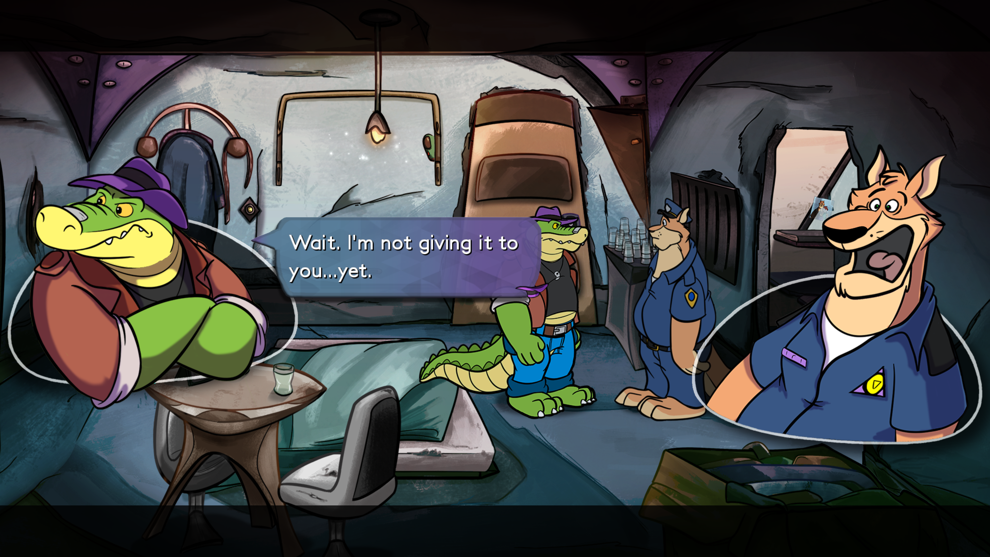 a cartoon alligator wearing a purple hat, brown jacket and jeans engaged in conversation with a cat wearing a police uniform. Both characters are standing in a grubby apartment with large visible cracks in the walls. The alligator with his head turned away is saying "Wait. I'm not giving it to you... yet." The cat has a shocked look on his face.