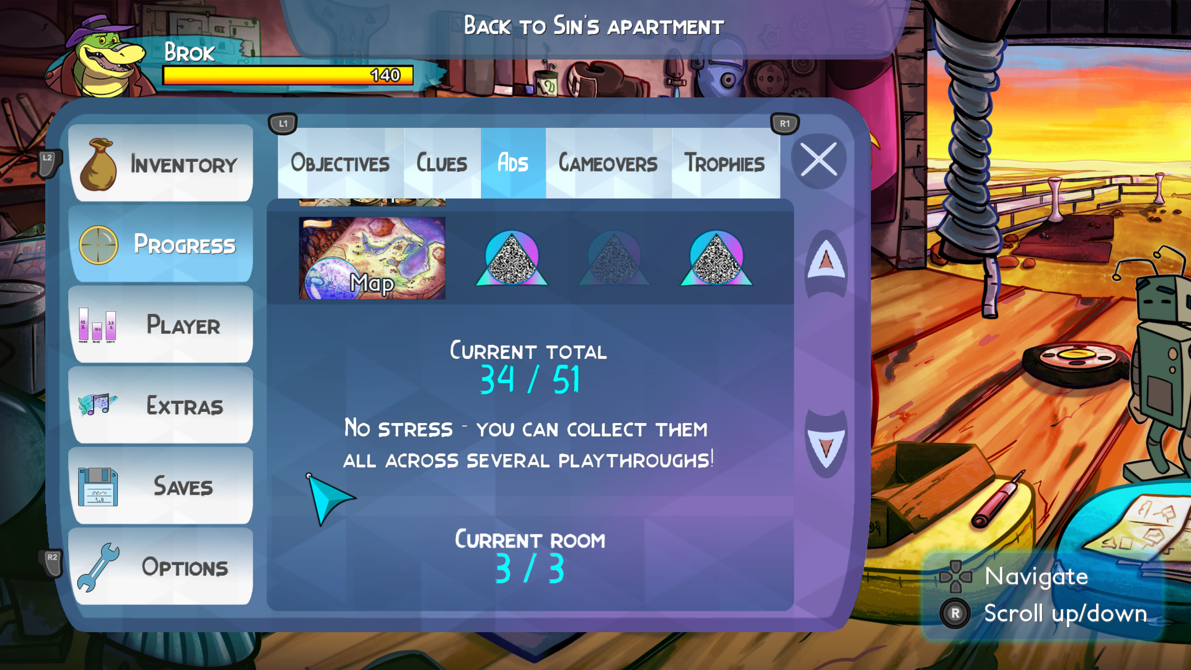 in-game menu screen with categories down the left side reading "Inventory, Progress, Player, Extras, Saves, Options". The current selected category is progress and the sub categories listed across the top are: "Objectives, Clues, Ads, Gameovers, Trophies". Ads is the currently selected sub category displaying a current total of 34/51 ads found. Below this reads "No stress you can collect them all across several playthroughs!" below this at the very bottom reads "Current room 3/3"