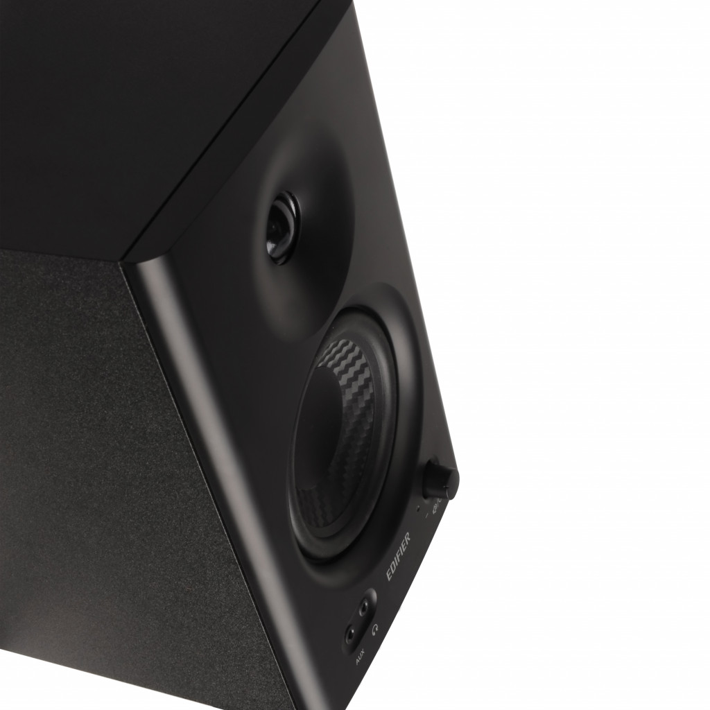 image showing a view of a black Edifier MR4 studio monitor speaker from above