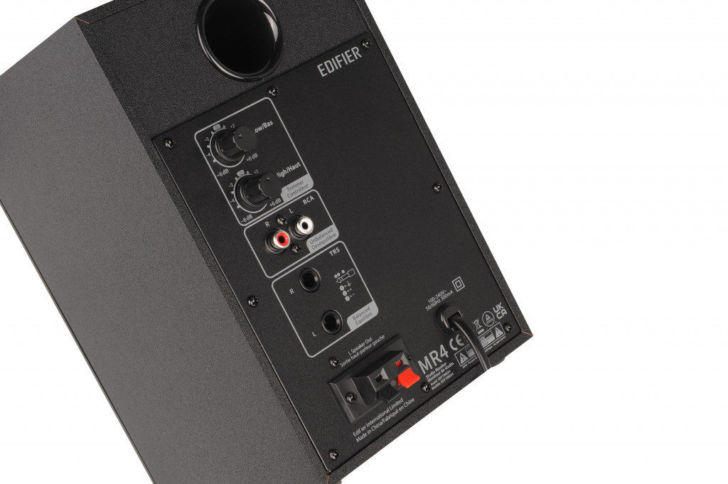 image showing the rear of a black Edifier MR4 studio monitor speaker