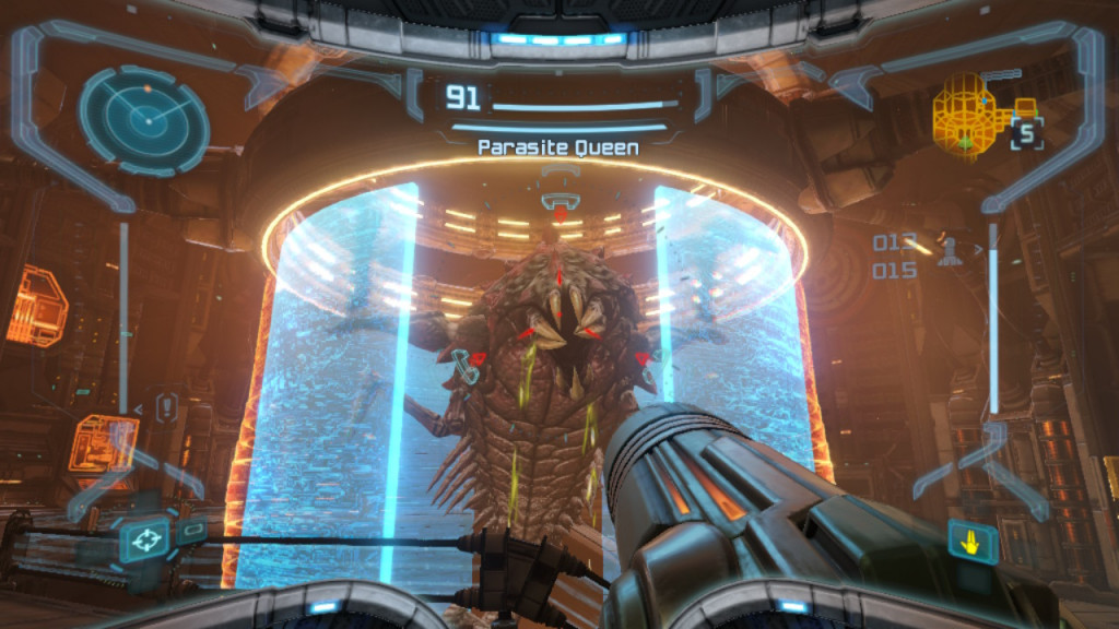 A giant bug queen boss looms over Samus Aran, seen from a first-person perspective