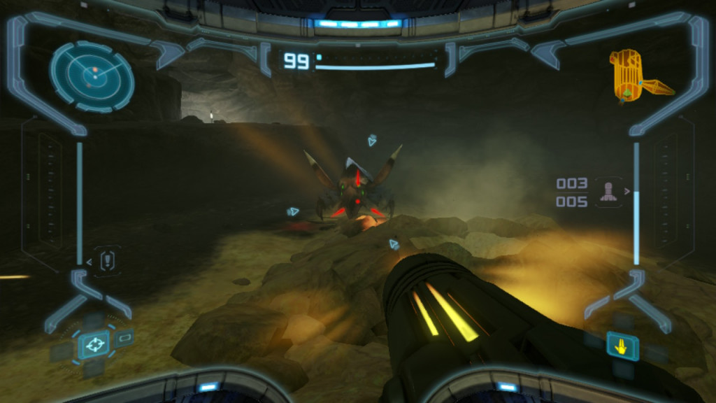 Samus fights an alien bug.