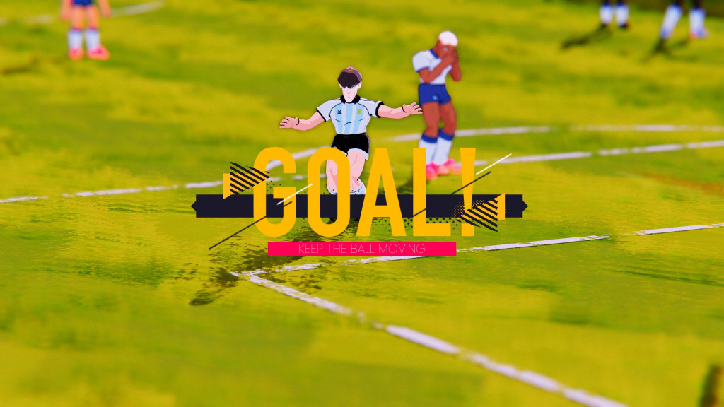 screenshot showing a green pitch with the world Goal written in large yellow letters. An argentinian player celebrates a goal while the england player holds his head in his hands.