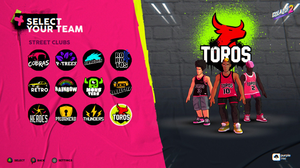 screen shot showing the 12 available teams that can be chosen for the Street Tour mode. Here we have 3 players from the Toros team on the right depicted with a red bull emblem behind them and green spray paint on a grey brick wall to depict an urban setting. 