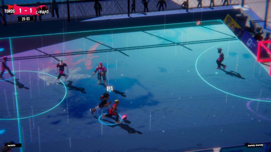 screenshot showing street football from an above isometric style view. The concrete pitch looks blue in the light while the players are running towards the opponents neon red goal with the ball.