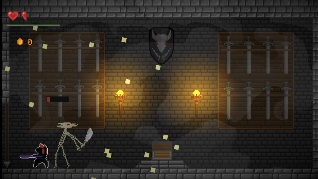 a gloomy dungeon like background with two characters facing each other. One is a dog like creature the other is a black smaller creature with swords