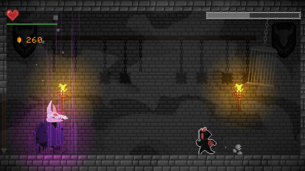 a gloomy dungeon like background with two characters facing each other. One is a dog like creature the other is a black smaller creature.