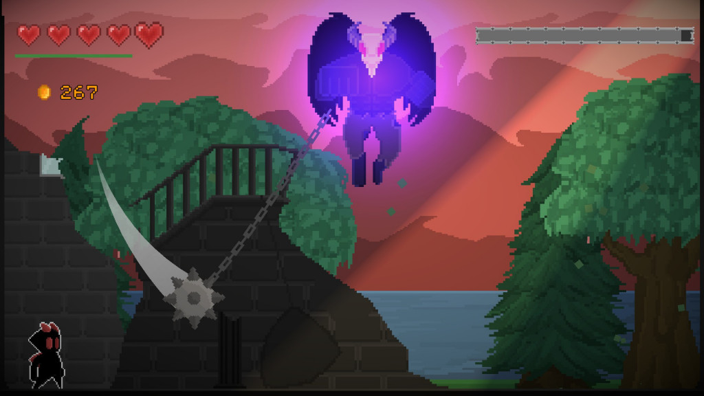 A winged boss creature swings a ball and chain as a black small character looks on