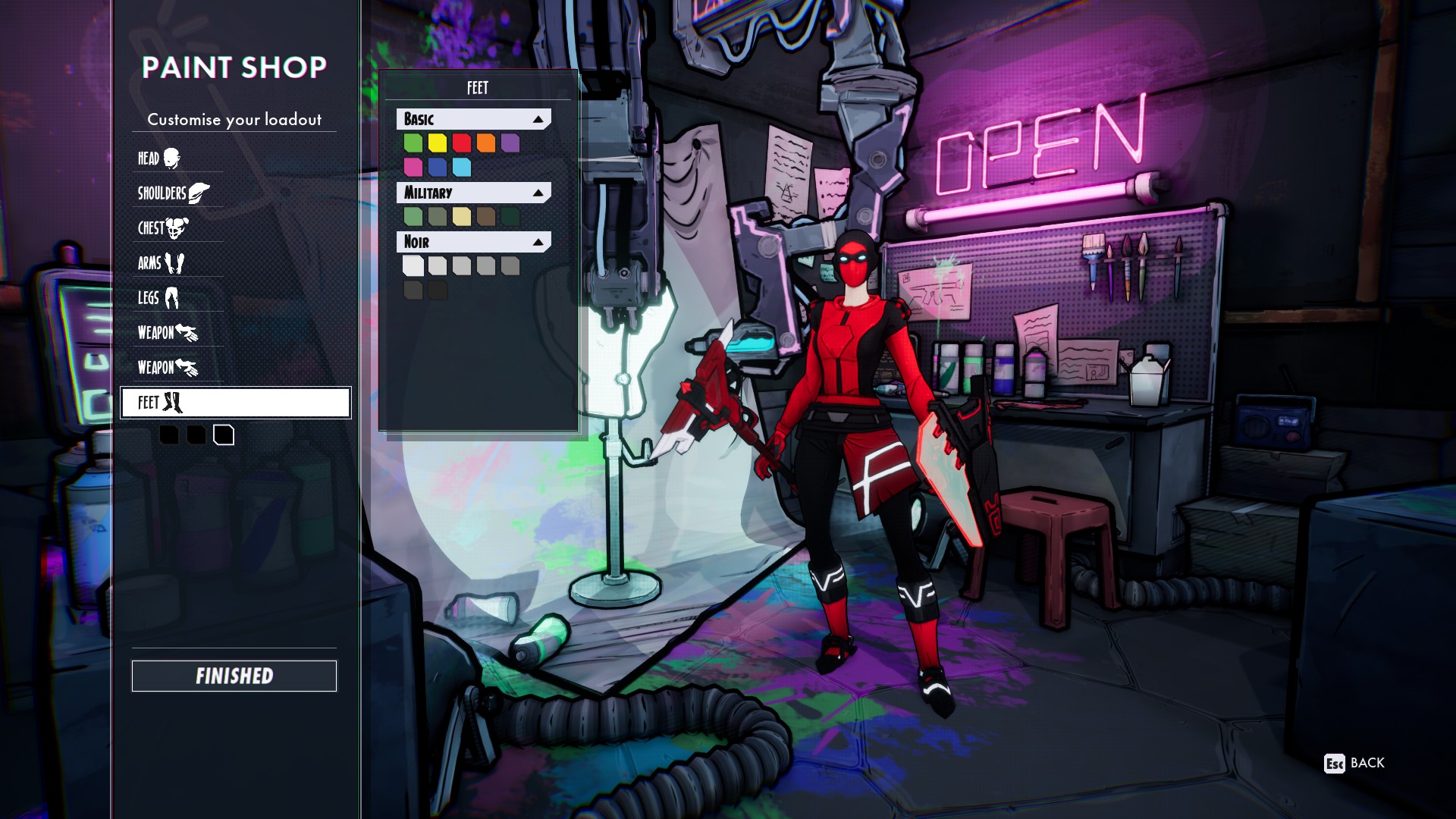 The player's character is standing with a menu to the left side of various colors available. Selection by armor/weapon piece may be chosen from.