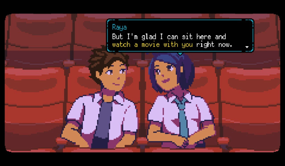 Atma and Raya in school uniforms sitting together at the movies. Raya's text box says "But I'm glad I can sit here and watch a movie with you right now."