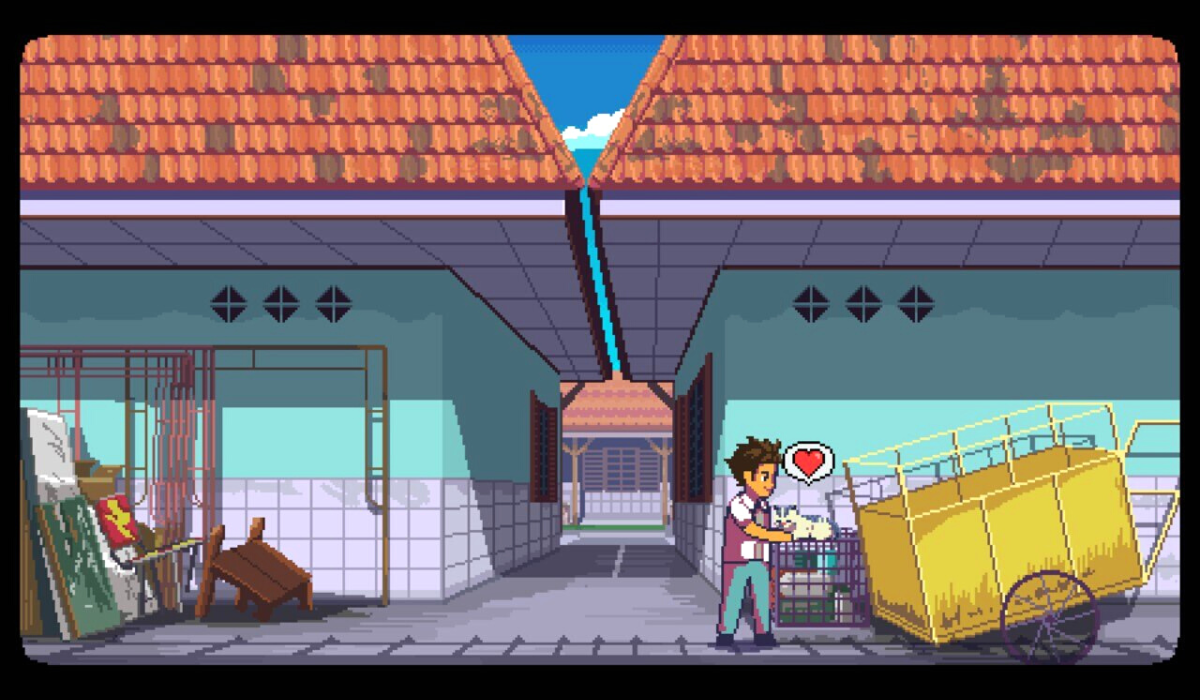 A scene at the back of a school building where Atma is petting a stray cat. A love heart appears over the cat's head.
