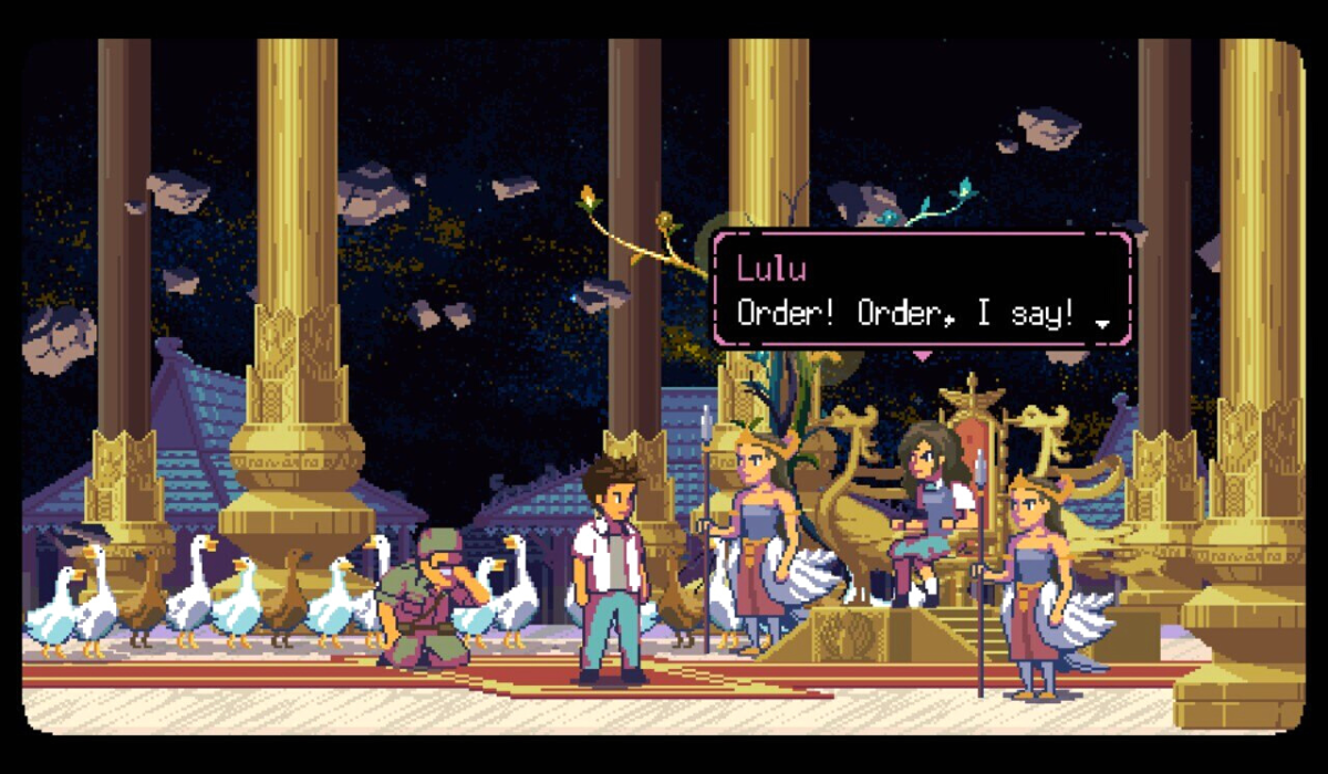 A long hall with gold pillars. A girl called Lulu sits on a throne guarded by two women with feathered armour. Atma stands in front of her with a flock of ducks watching him. Lulu's text box says "Order! Order, I say!"