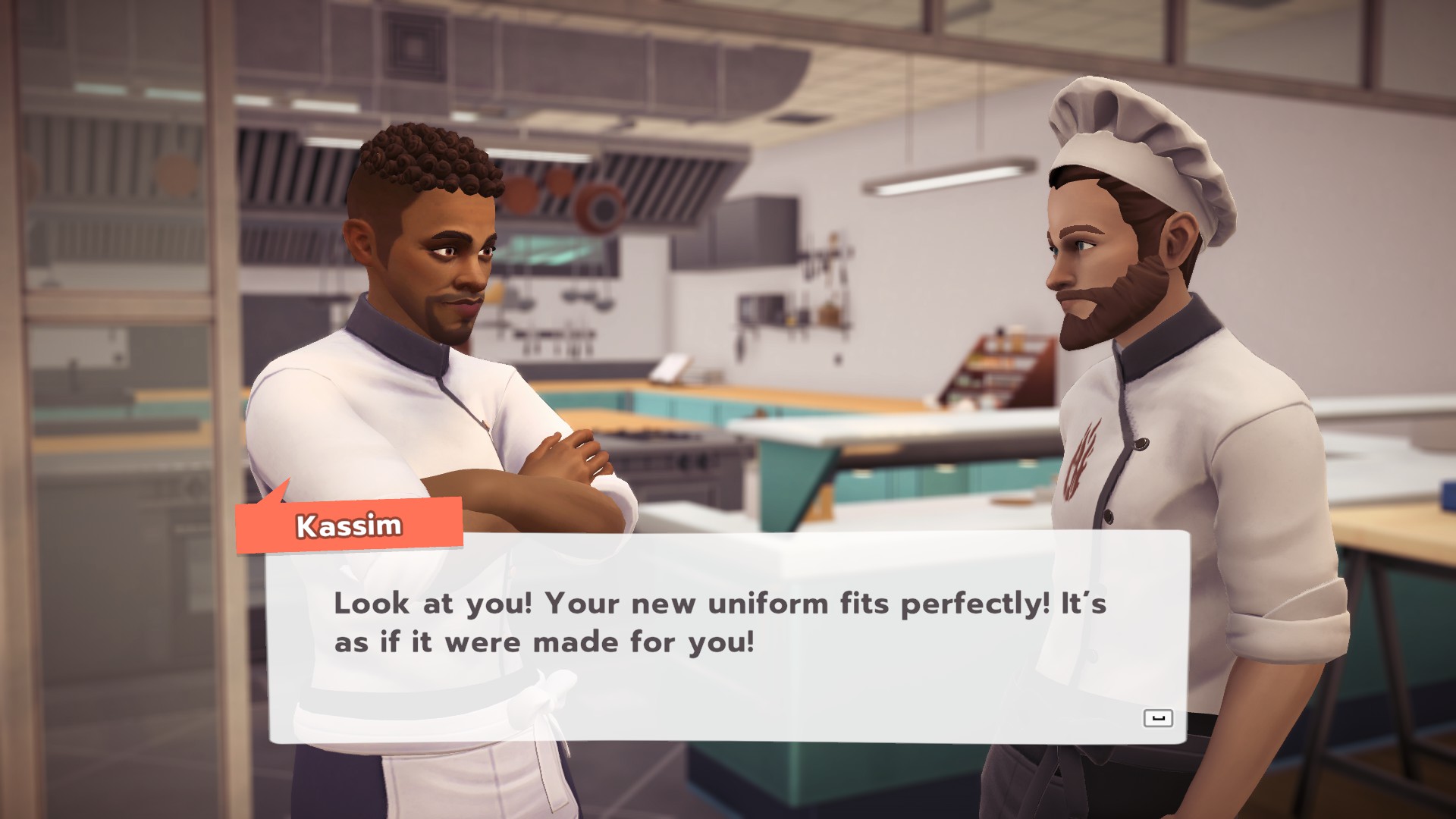 2 chefs and best friends proudly starting their path in Chef Life. Kassim is saying Look at you! your new uniform fits perfectly! It's as if it were made for you!