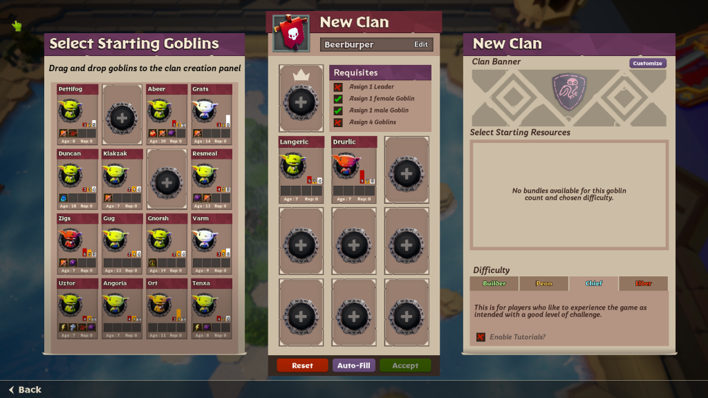 Image showing the creation of a new goblin clan witth various selectable goblins to choose from and assign.