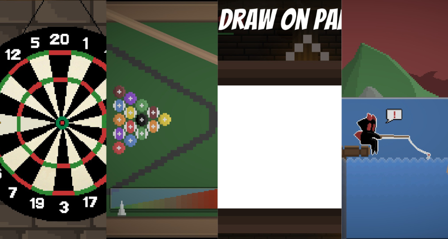 A collage of Mini Games varying from Darts, Pool, Drawing and fishing