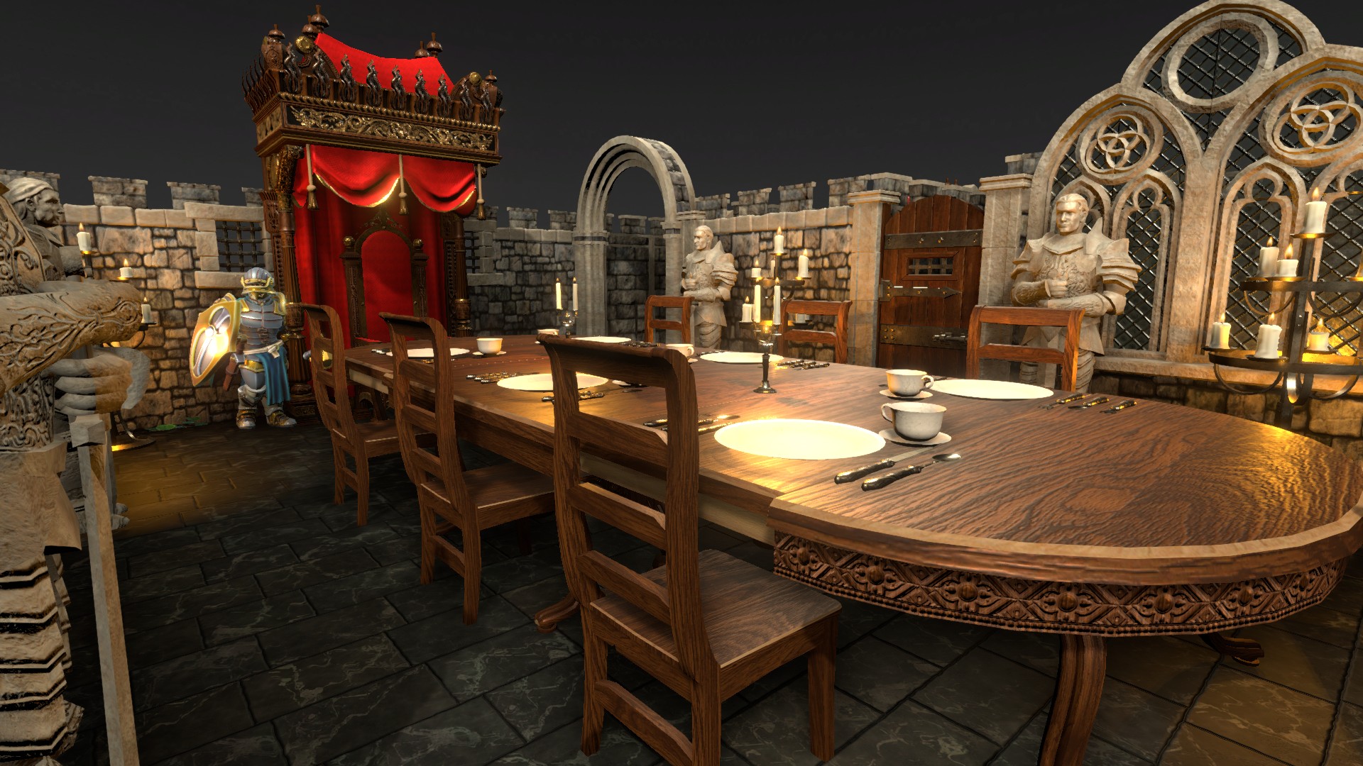 a medievil room furnished with a table, suits of armor and a throne