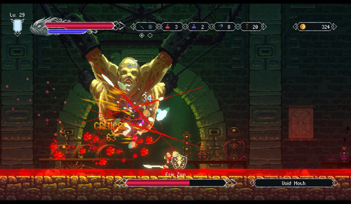A pixel art with Aztec-like temple walls in the background and a stone floor with a pool of blood stretching across the floor. A giant bloated monster is hanging by shackles from the ceiling. A warrior carrying a large shield is knelt in recovery in the pool of blood. A pixel art HUD displays health and mana bars and number of items at the top and the name and health bar of the monster at the bottom.