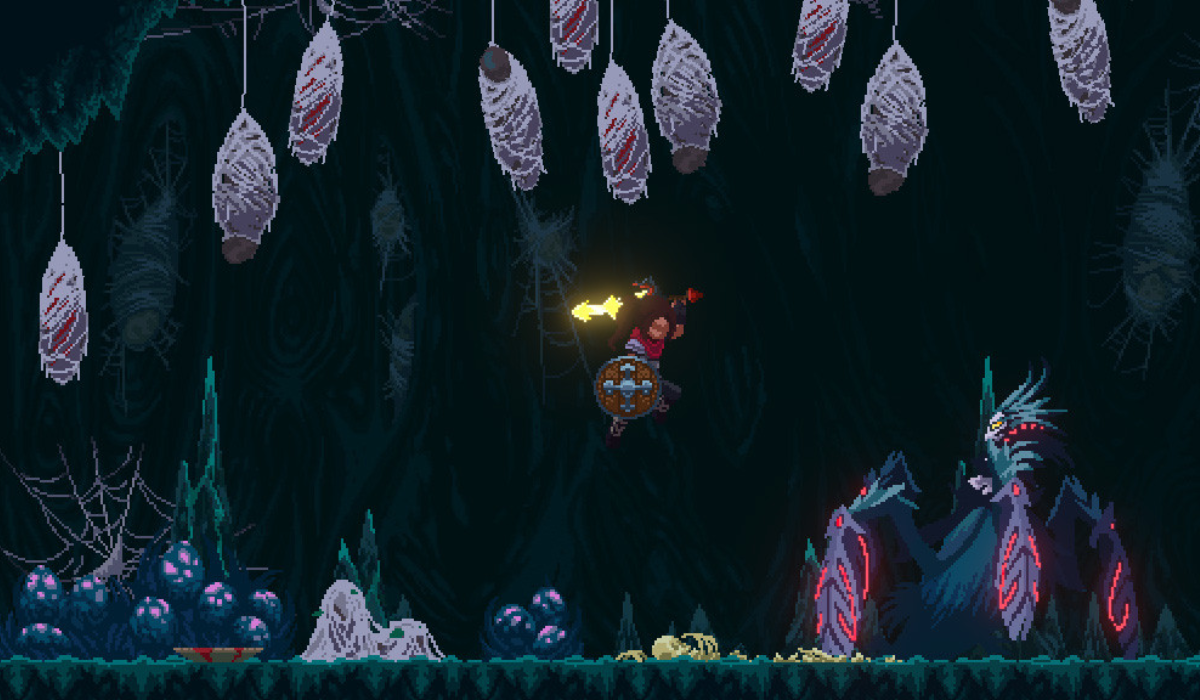 A pixel art scene in a dark cave. Spider cocoons hang from the ceiling and egg sacs on stalagmites can be seen on the floor. A warrior with a flaming sword jumps towards a giant humanoid spider queen with red glowing legs.