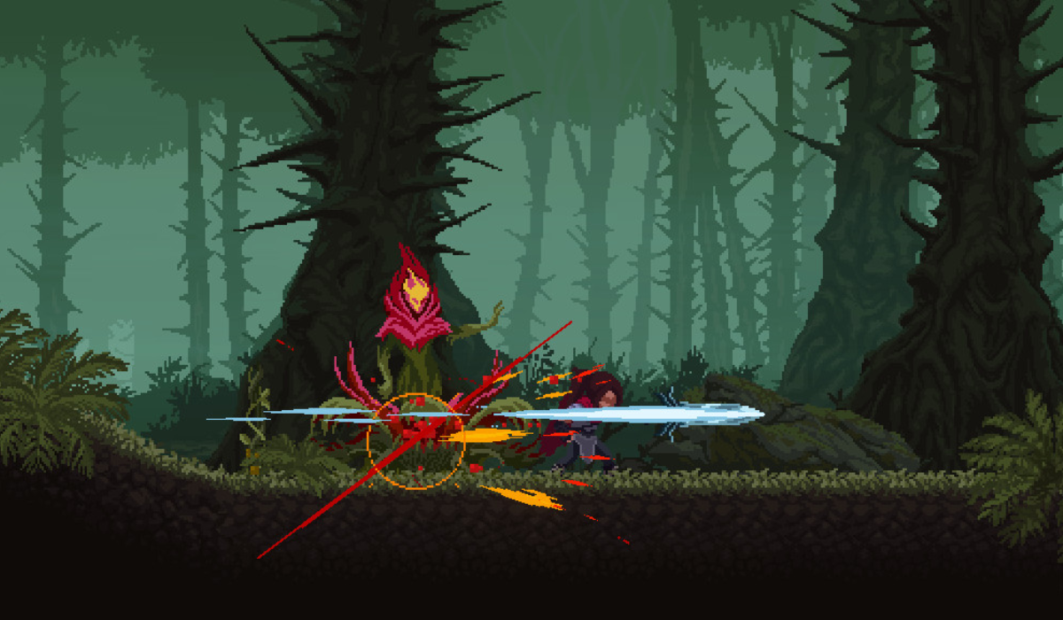 A pixel art forest scene with dark spiked trees in the background. A half-human-half-plant monster with red leaves forming a hood stands in the foreground reaching forward. A warrior rushes forward and slices through the monster with a large sword, leaving a white trail behind.