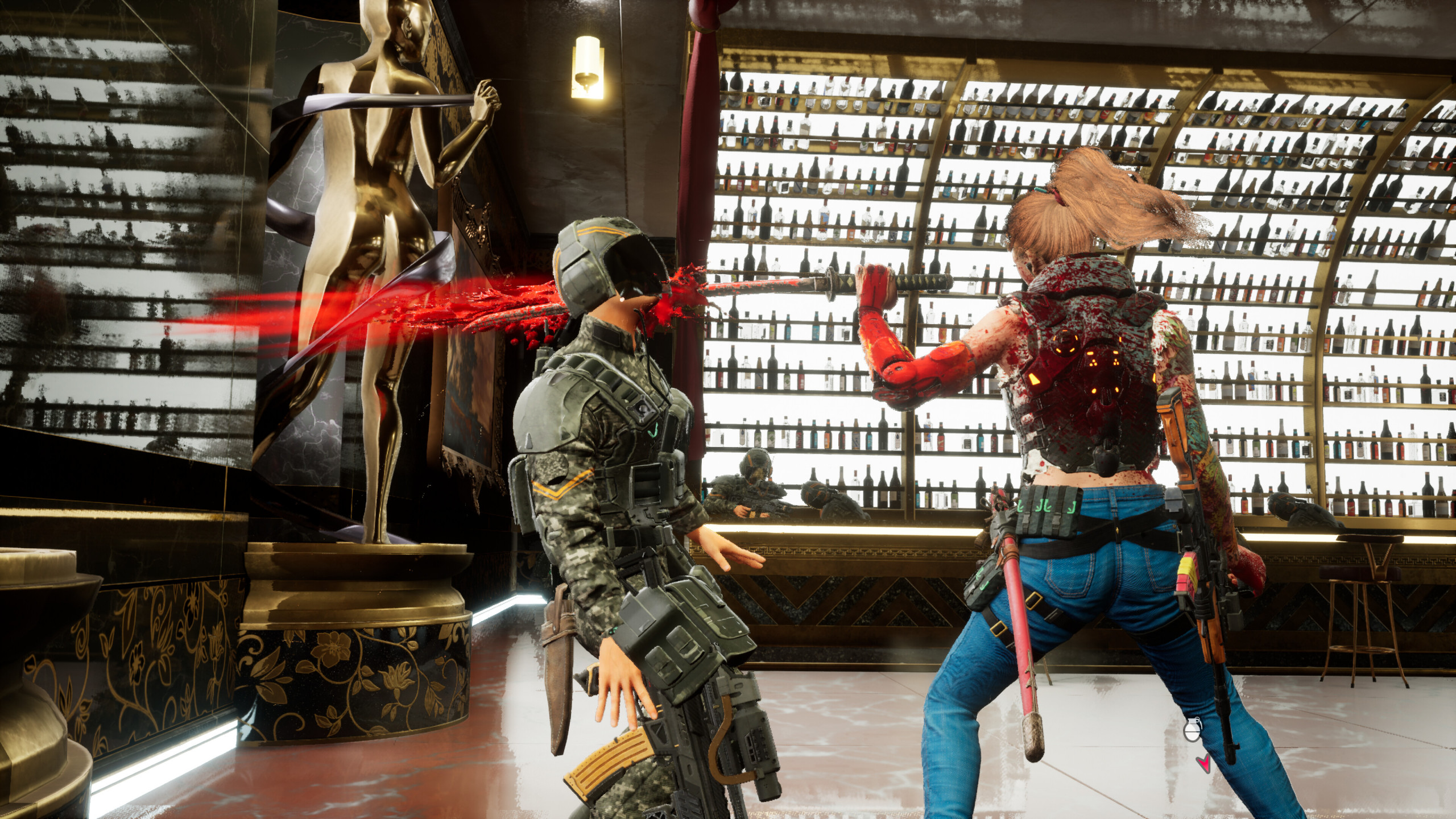 Stone Performing an finisher execution on a stunned enemy. Her Katana piercing the front of the enemy's head with a fountain of blood spraying from the back of their head.
