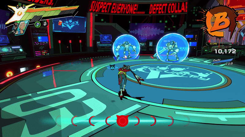 A GIF showing Chai calling his ally, Peppermint, in to battle, using her ability to destroy energy shields.