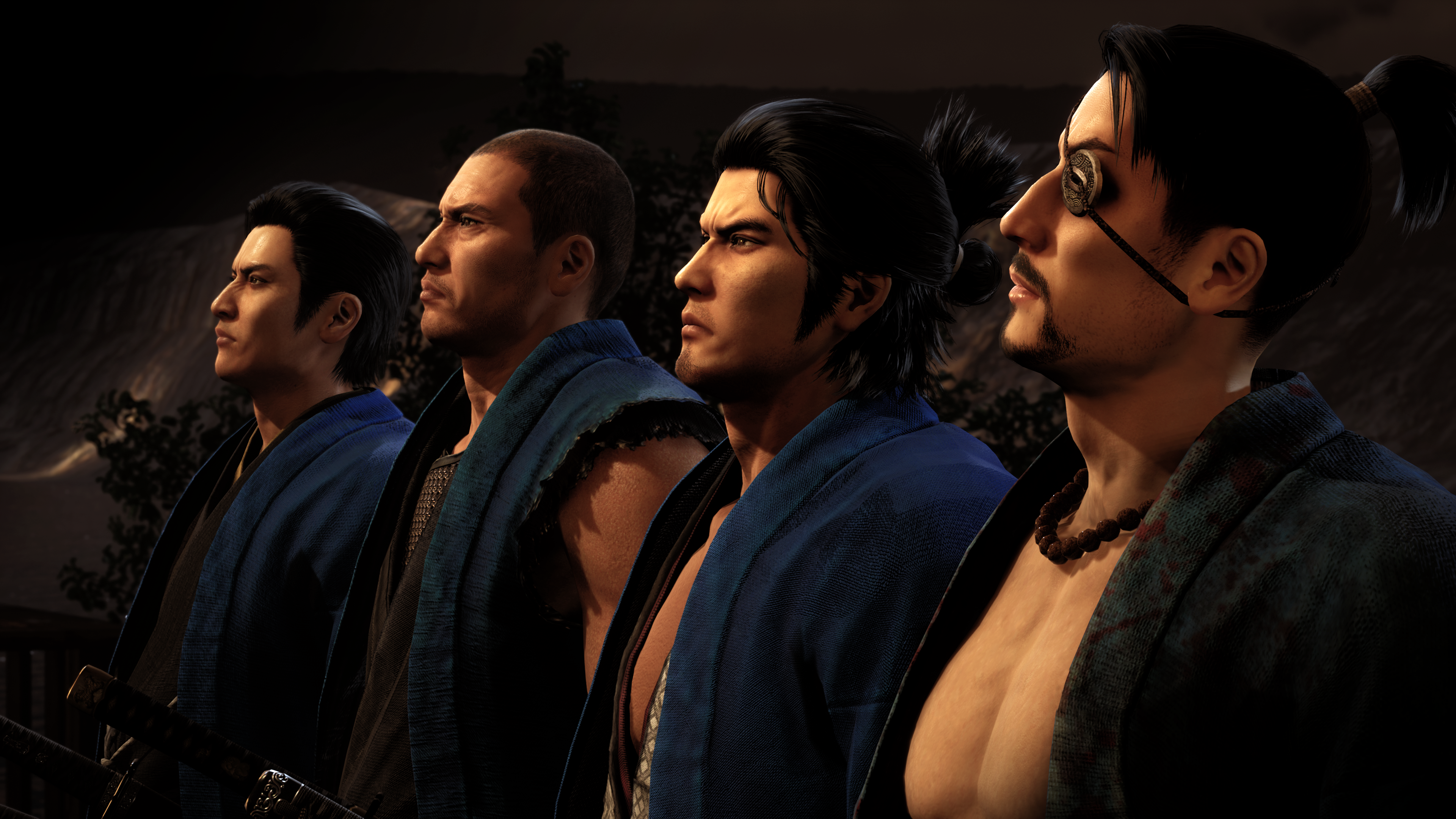 A shot of 4 members of the Sinsengumi wearing blue uniforms. From Left to right: Hijikata Toshizo (modeled after Yoshitaka Mine), Nagakura Shinpachi (modeled after Taiga Saejima), Sakamoto Ryoma (modeled after Kazuma Kiryu), Okita Soji (modeled after Goro Majima)