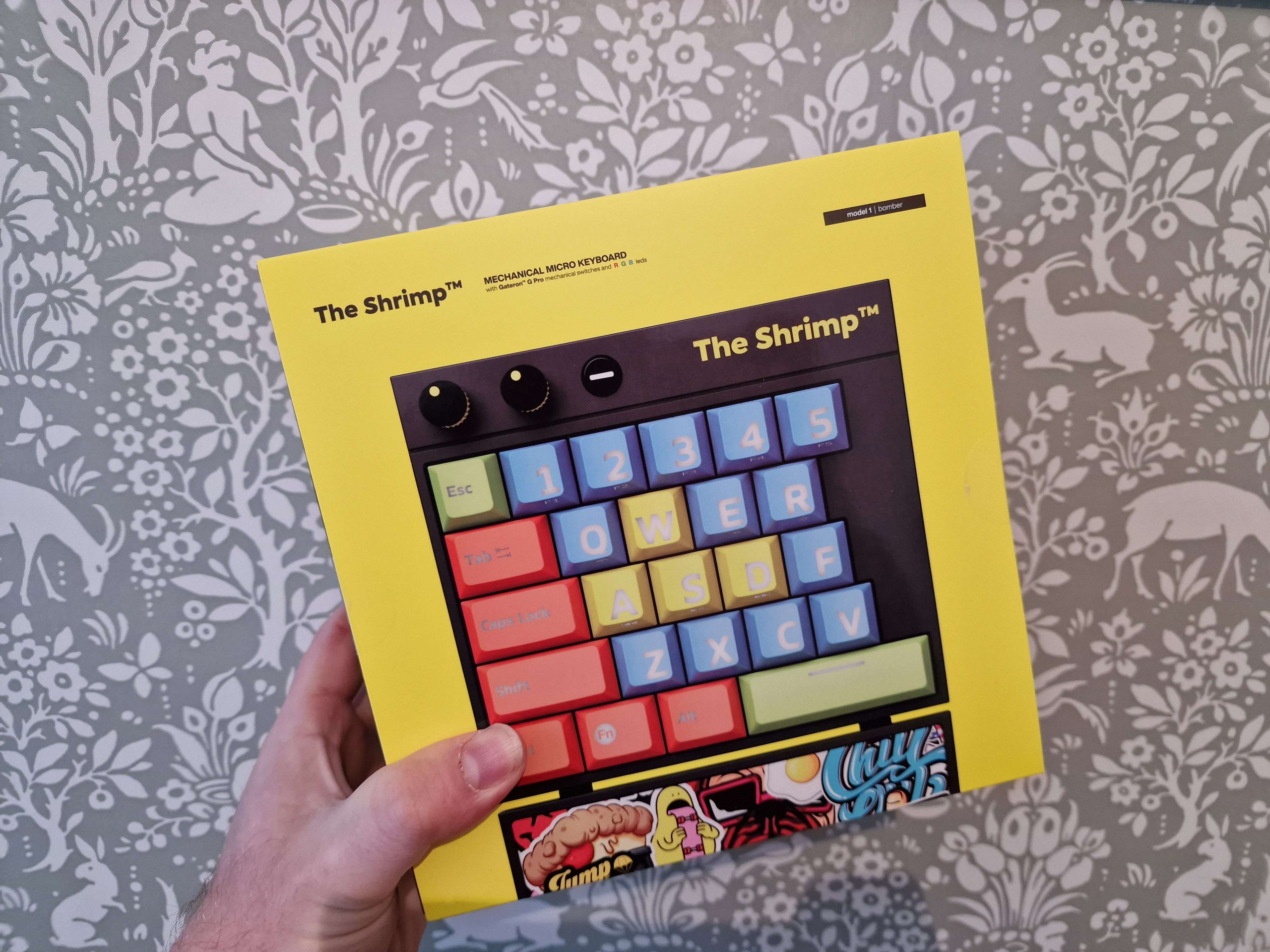 The colourful yellow box showing The Shrimp keyboard 