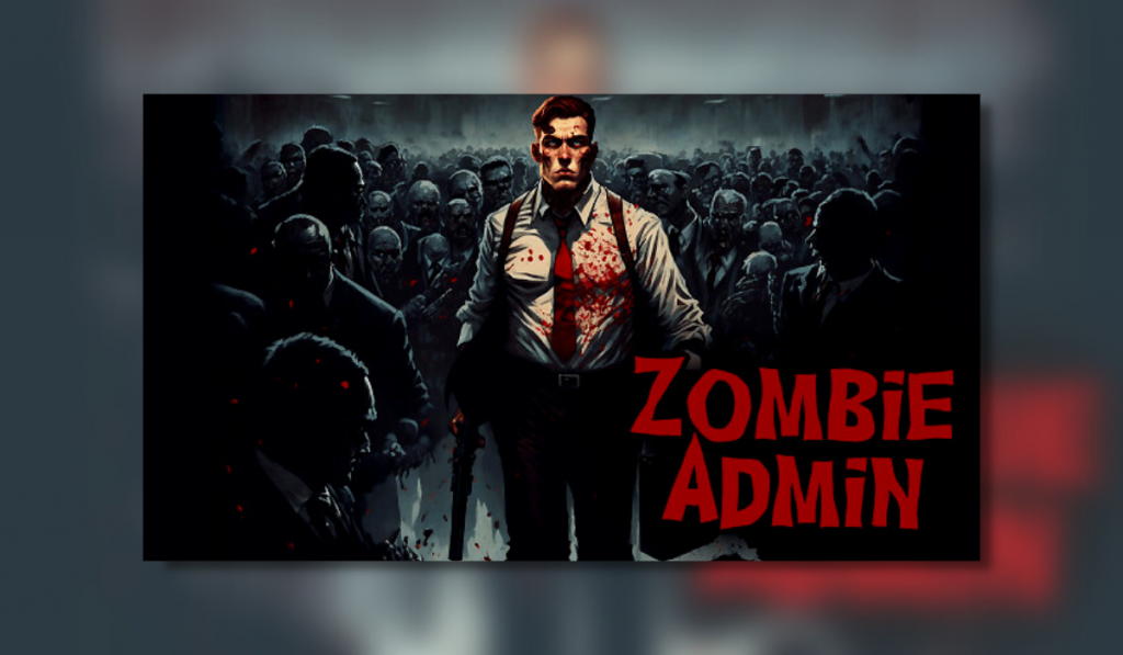 Main character of the game surrounded by zombies and the game title in red text.