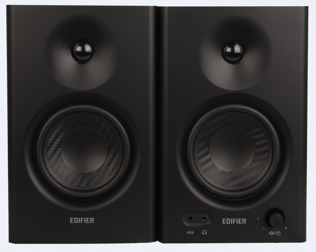 image showing a pair of black Edifier MR4 studio monitor speakers