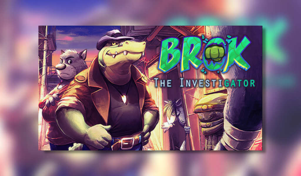 Key art for Brok The Investigator game. The top right of the image displays the logo in green and white text - reading "Brok The Investigator". A gators fist punches through the O in Brok on the logo. Off center to the left is main character Brok. Hes a tough looking alligator with his hands on his hips and the sleeves of his brown leather jacket are rolled up. Under the jacket is a black tshirt and he is also wearing blue jeans, a belt with buckle and a cowboy style hat. He seems to be surrounded by some tough guys but doesn't look one bit phased by it.