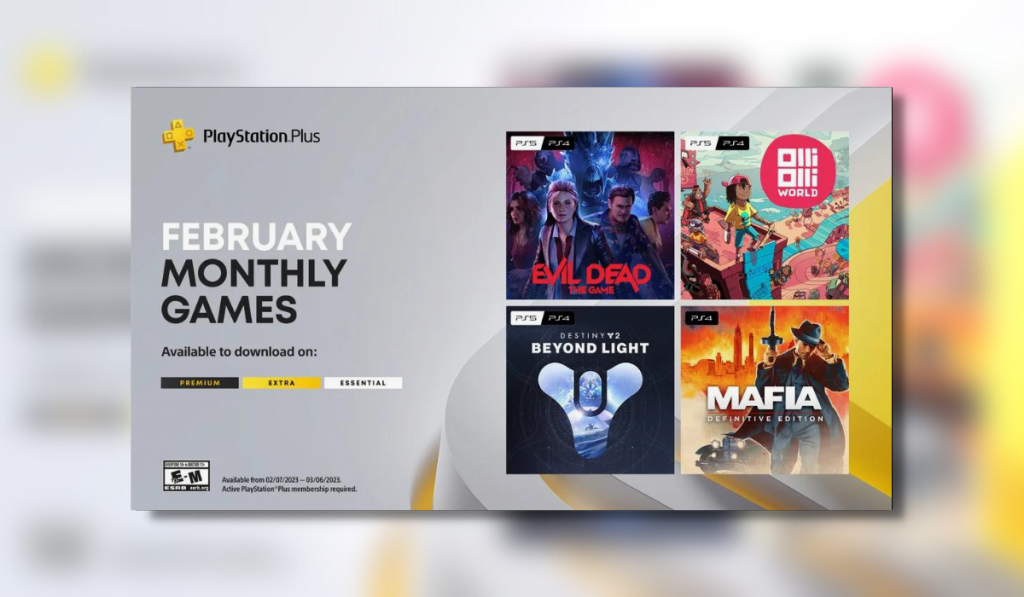 PS Plus February Monthly Games advertisement image showing key artwork for games (Evil Dead, OlliOlli World, Destiny 2: Beyond Light and Mafia: The Definative Edition) in a 2x2 grid on the right. The left side shows the Playstation Plus logo at the top with all caps text below reading "February Monthly Games available to download on:" with the logos for the Essential, Extra and Premium tiers below the text.