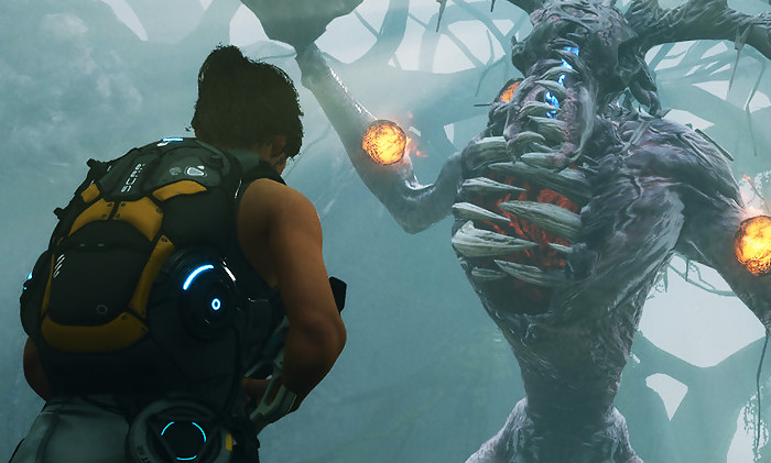 Playable character looking up at a tall horned beast with large sharp teeth in its chest hiding a large mouth. Large orange boils on the arms of the beast in a swamp environment.