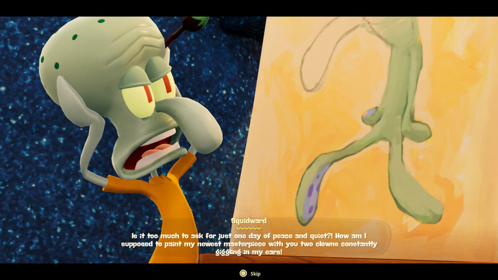 screenshot showing squidward covering his ears while looking at a half finished self-portrait. He is complaining that SpongeBob is spoiling his peace with his constant giggling.