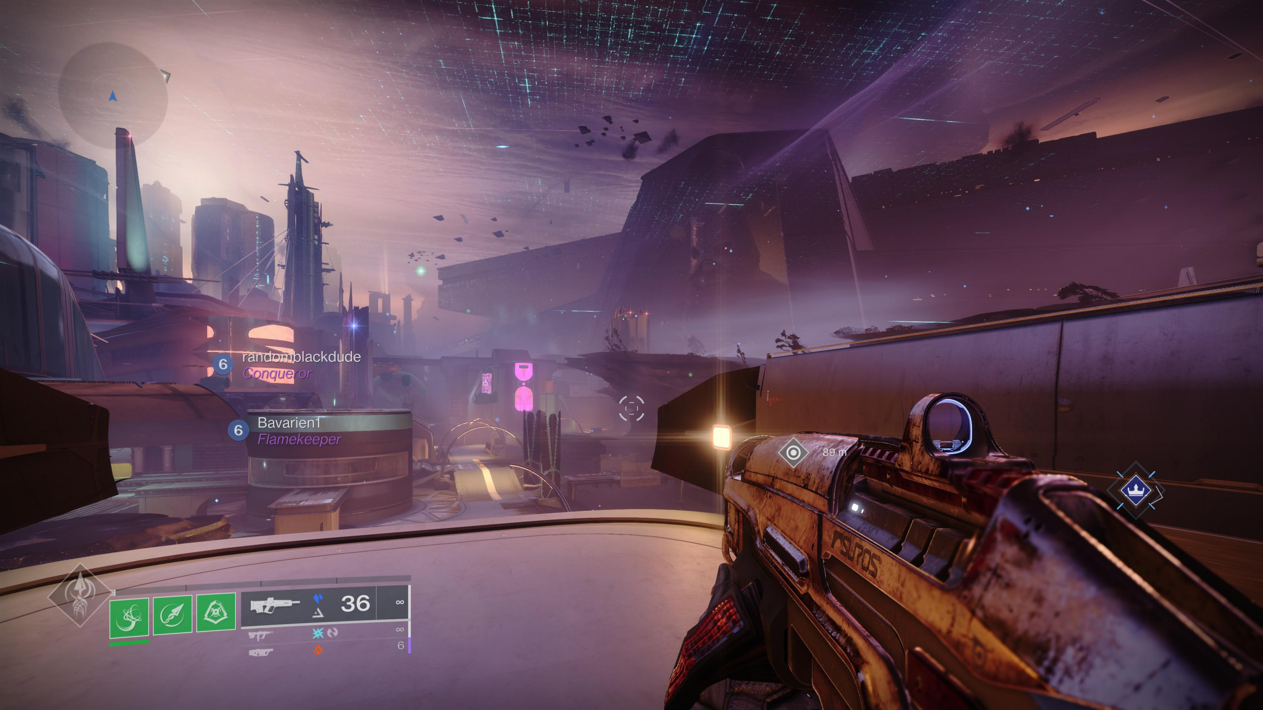 A futuristic city of neomuna complete with clouds and neon lights. The Guardian holds his pulse rifle.