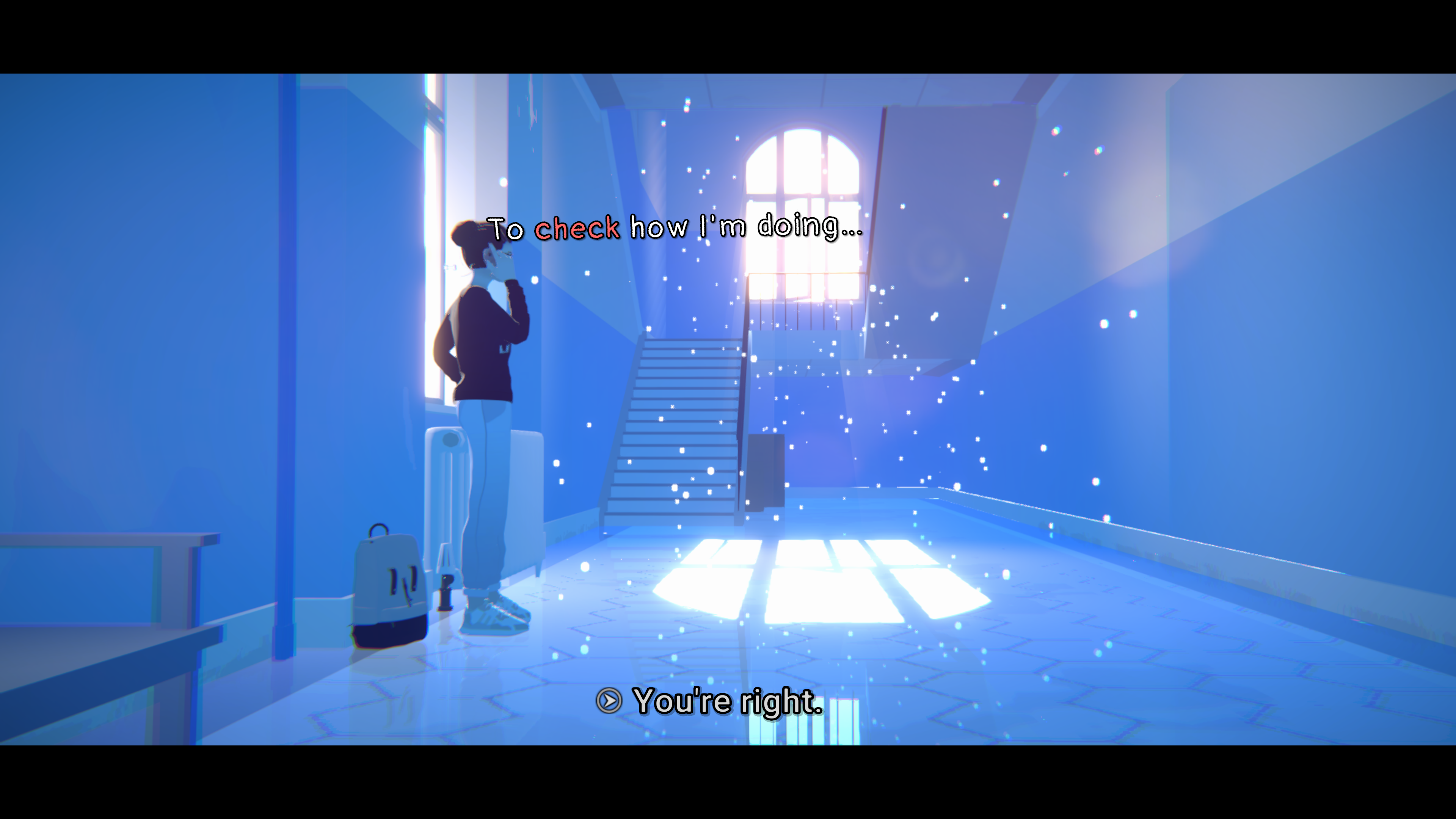 A female character standing by a window in an empty corridor chats on the phone as light floods through a window above a staircase at the end of the corridor. Subtitles on the image read: "To check how I'm doing..." at the top and "You're right." at the bottom